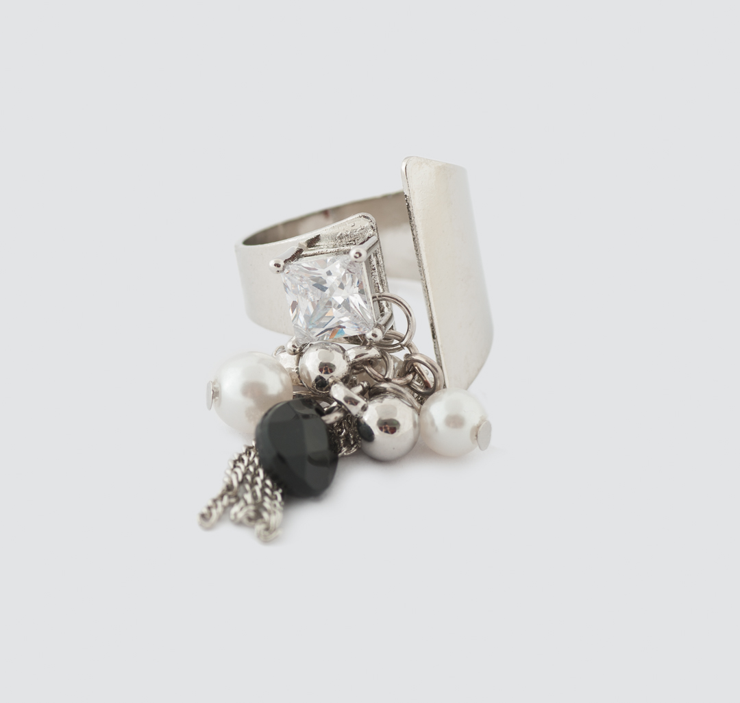 Кольцо Мармалато, цвет Серебро-прозрачный-белый жемчуг-черный #1