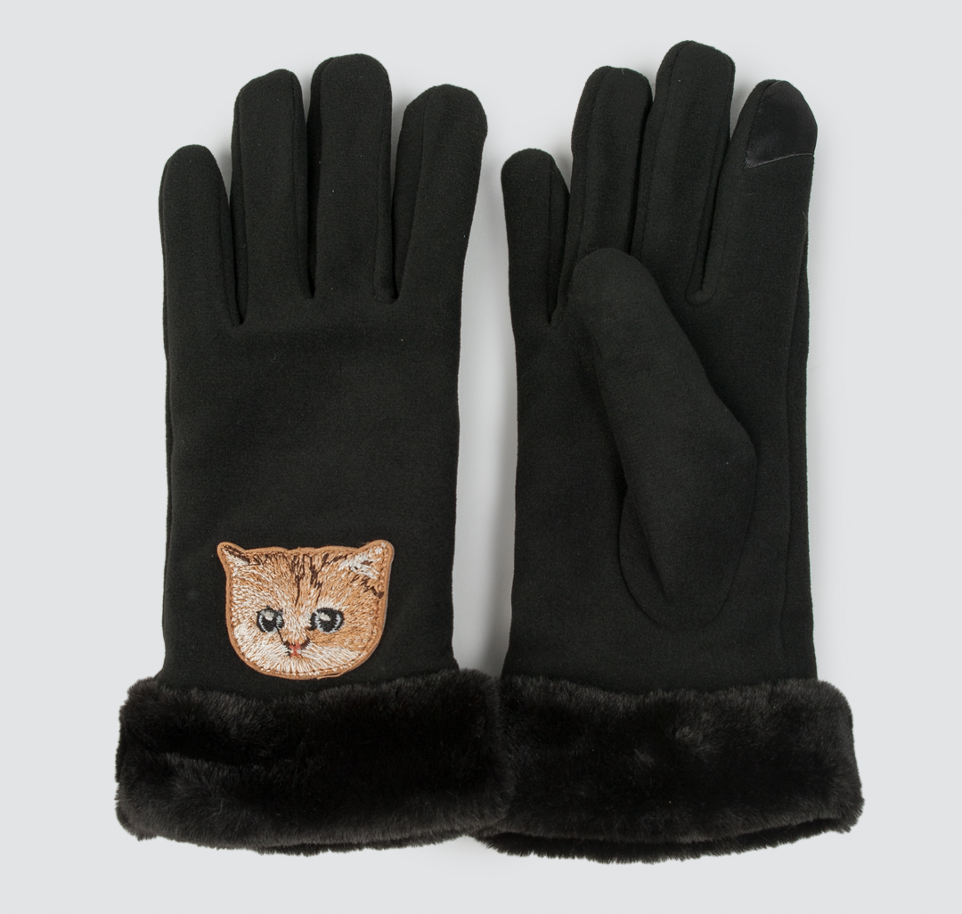 Женские перчатки с принтом котика черные Мармалато, цвет Черный-мультиколор #1