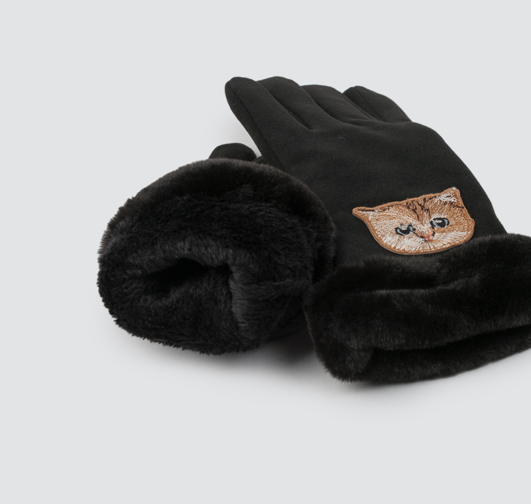 Женские перчатки с принтом котика черные Мармалато, цвет Черный-мультиколор #3