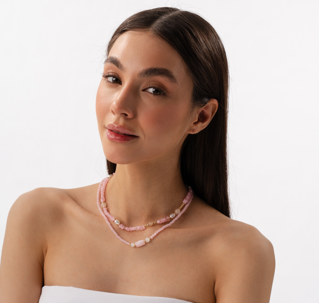 Набор колье (2 шт) Мармалато, цвет розовый-молочный-золото #2