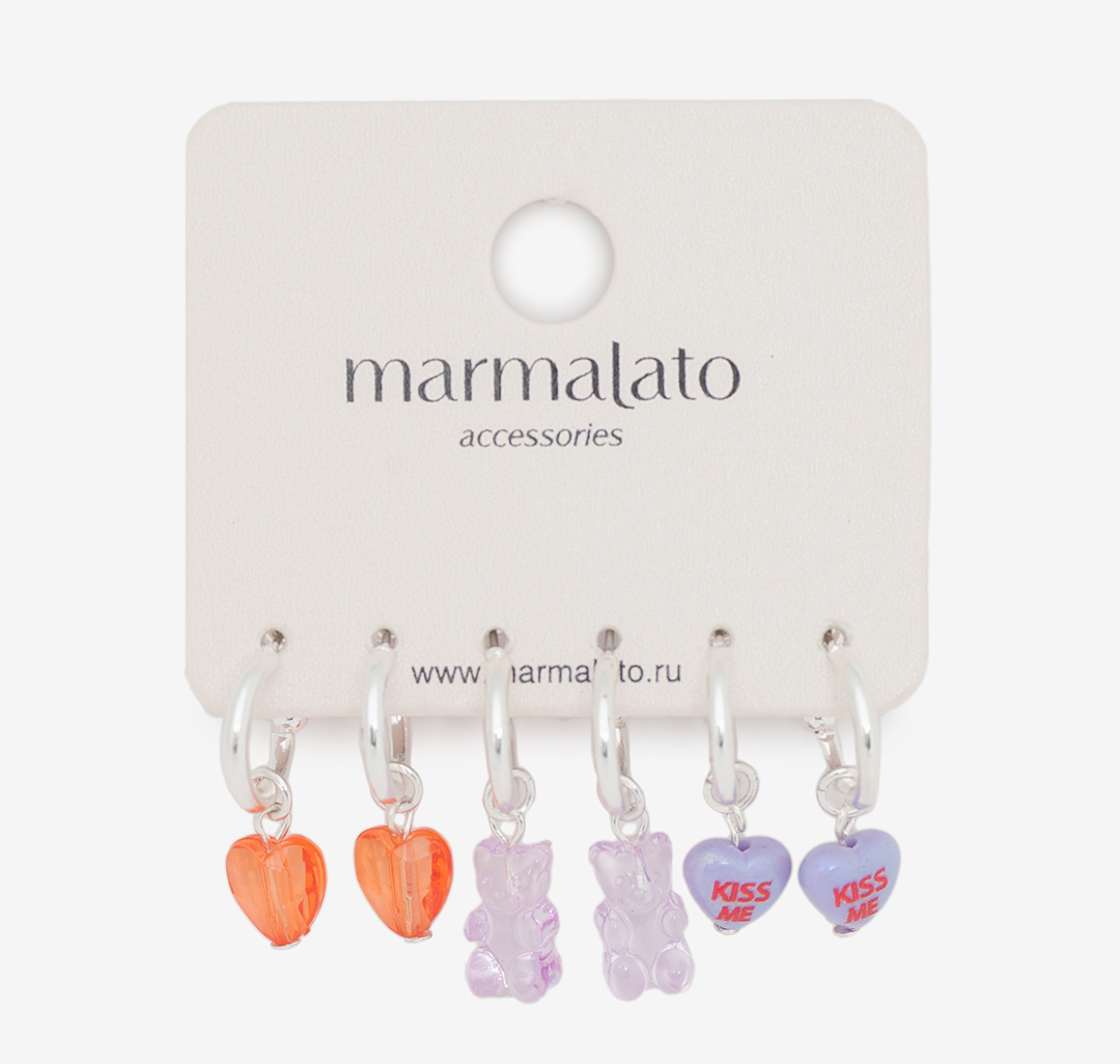 Набор серег (3 пары) Мармалато, цвет Серебро-фиолетовый-красный-мультиколор #1