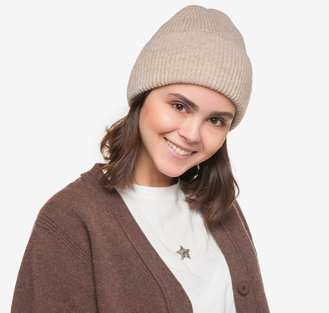 Женская шапка бини с отворотом Мармалато, цвет Бежевый-меланж #1