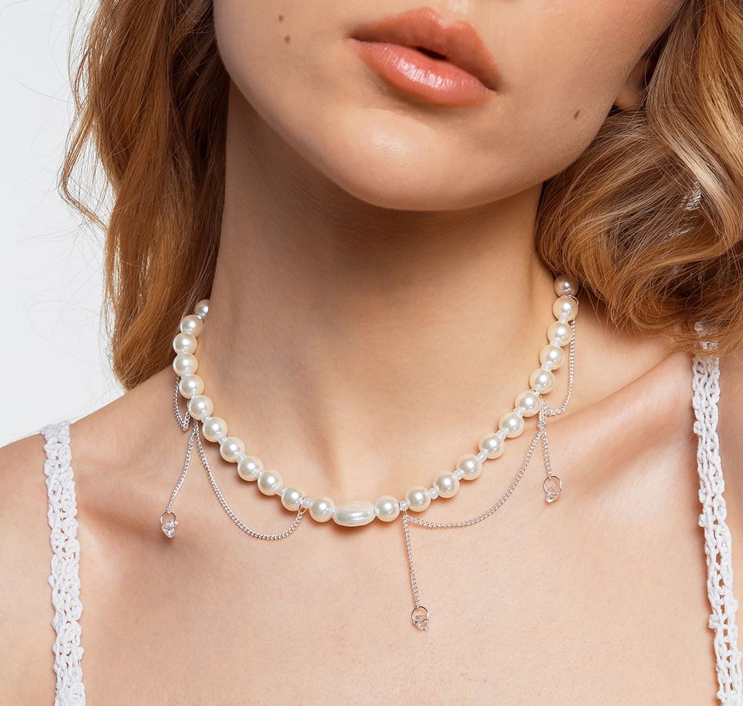 Колье Мармалато, цвет жемчуг-белое серебро-прозрачный #5