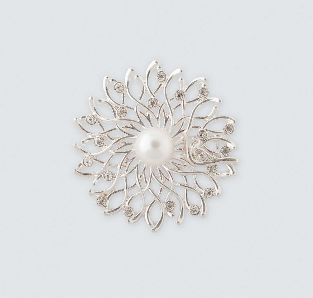 Брошь Мармалато, цвет Серебро-белый жемчуг-прозрачный #1
