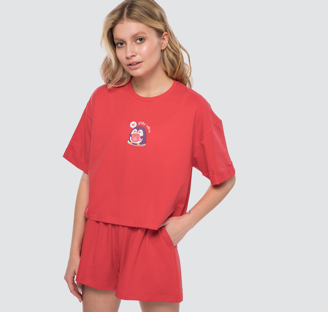 Женская новогодняя футболка Мармалато, цвет Коралловый-мультиколор #1