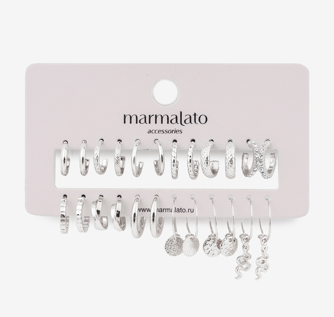 Набор серег (12 пар) Мармалато, цвет Серебро-прозрачный #1