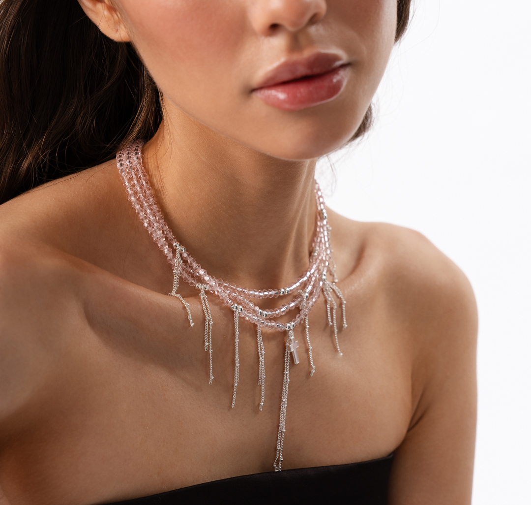 Колье Мармалато, цвет Розовый-серебро #5