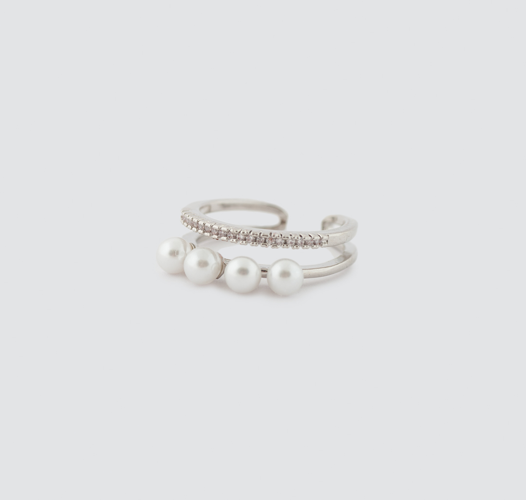 Кольцо Мармалато, цвет Серебро-прозрачный-белый жемчуг #1