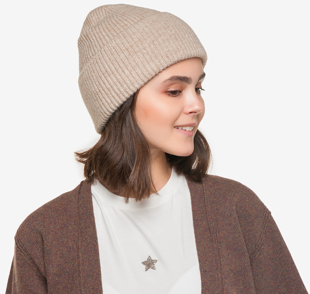 Женская шапка бини с отворотом Мармалато, цвет Бежевый-меланж #4
