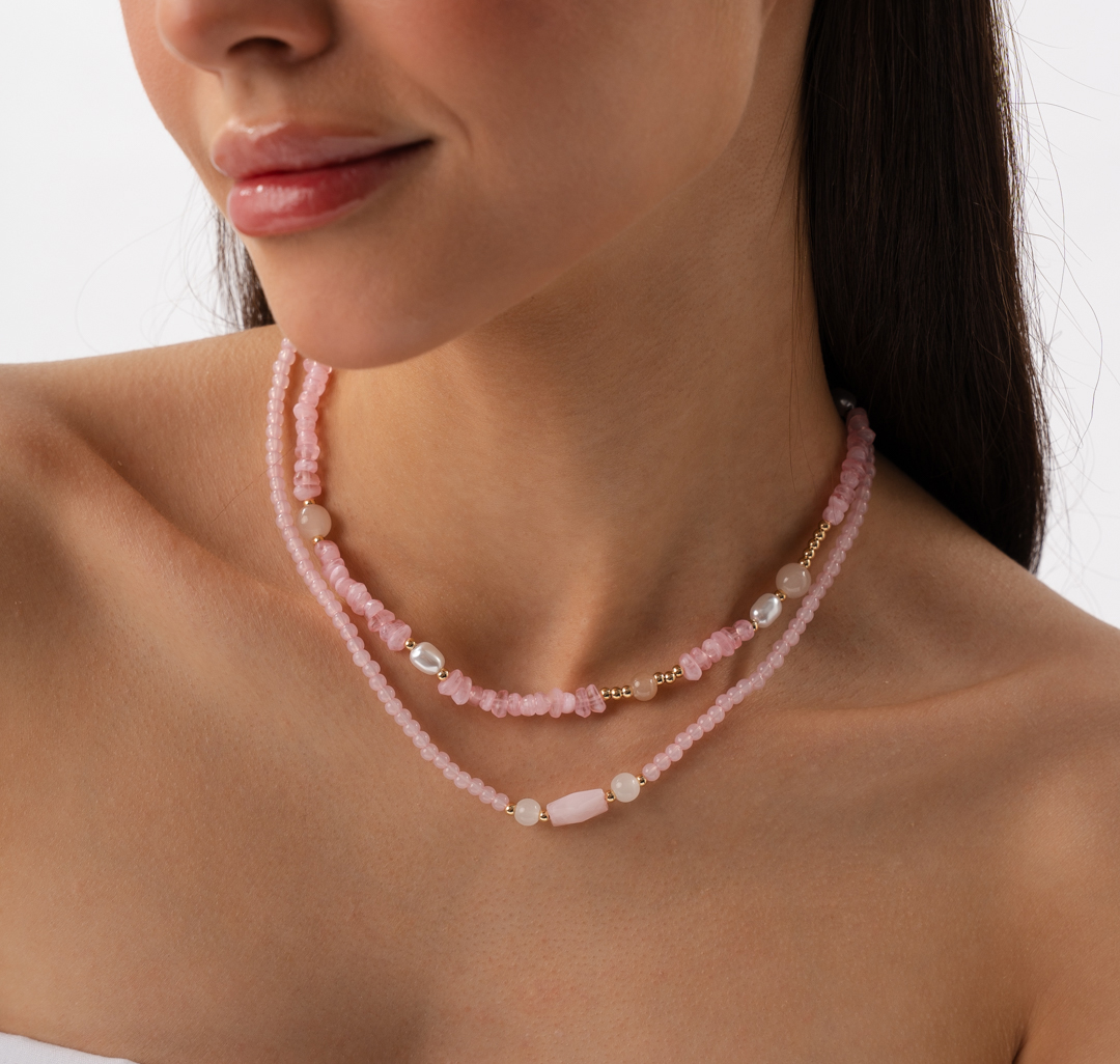 Набор колье (2 шт) Мармалато, цвет розовый-молочный-золото #1