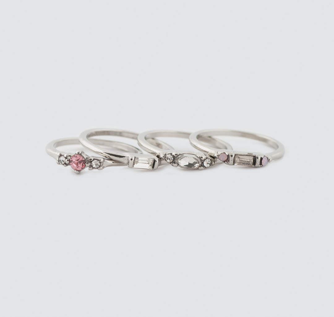 Набор колец (4 шт) Мармалато, цвет Серебро-прозрачный-розовый #1