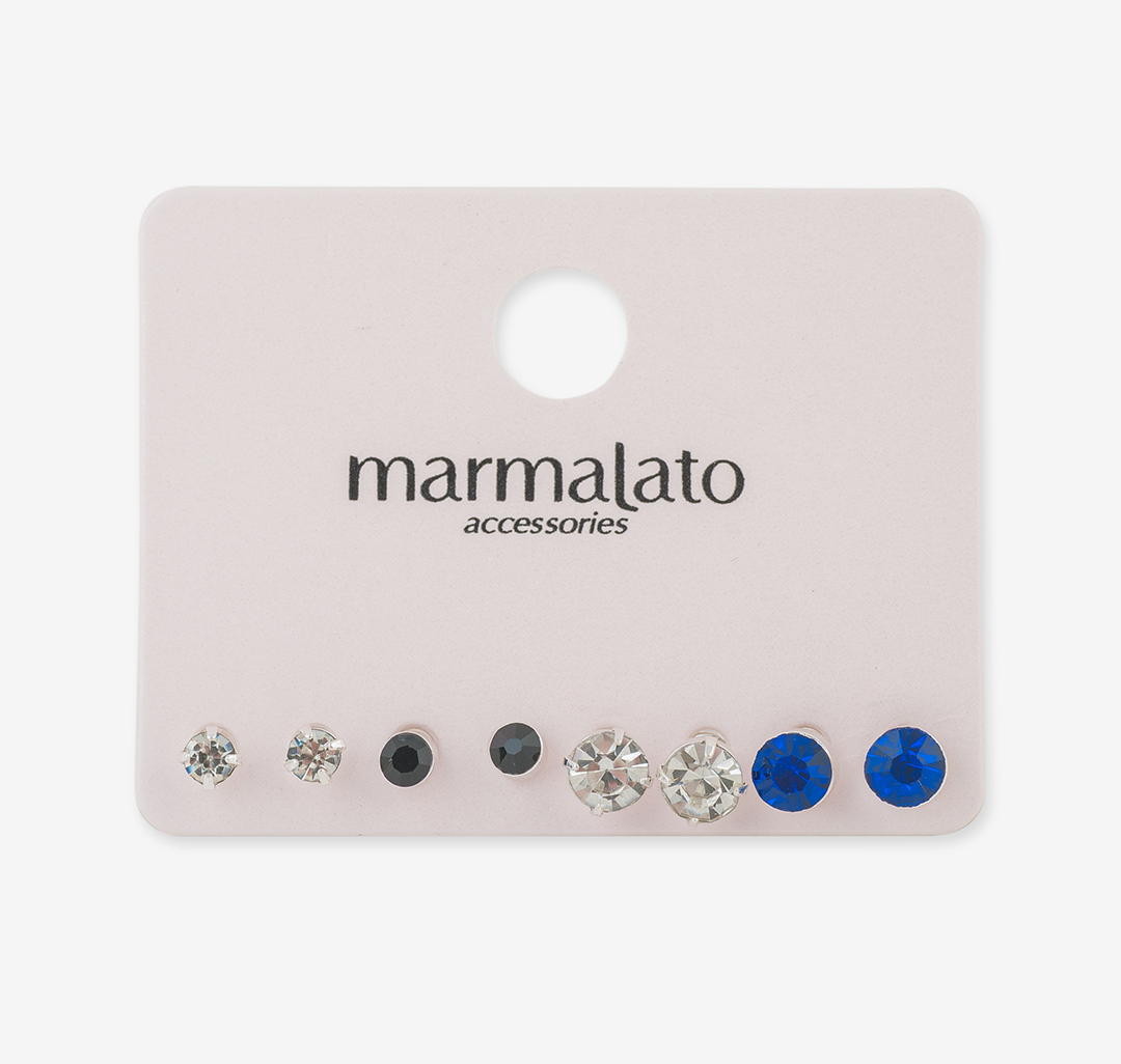 Набор серег (4 пары) металл-стекло Мармалато, цвет Серебро-прозрачный-синий-черный #1