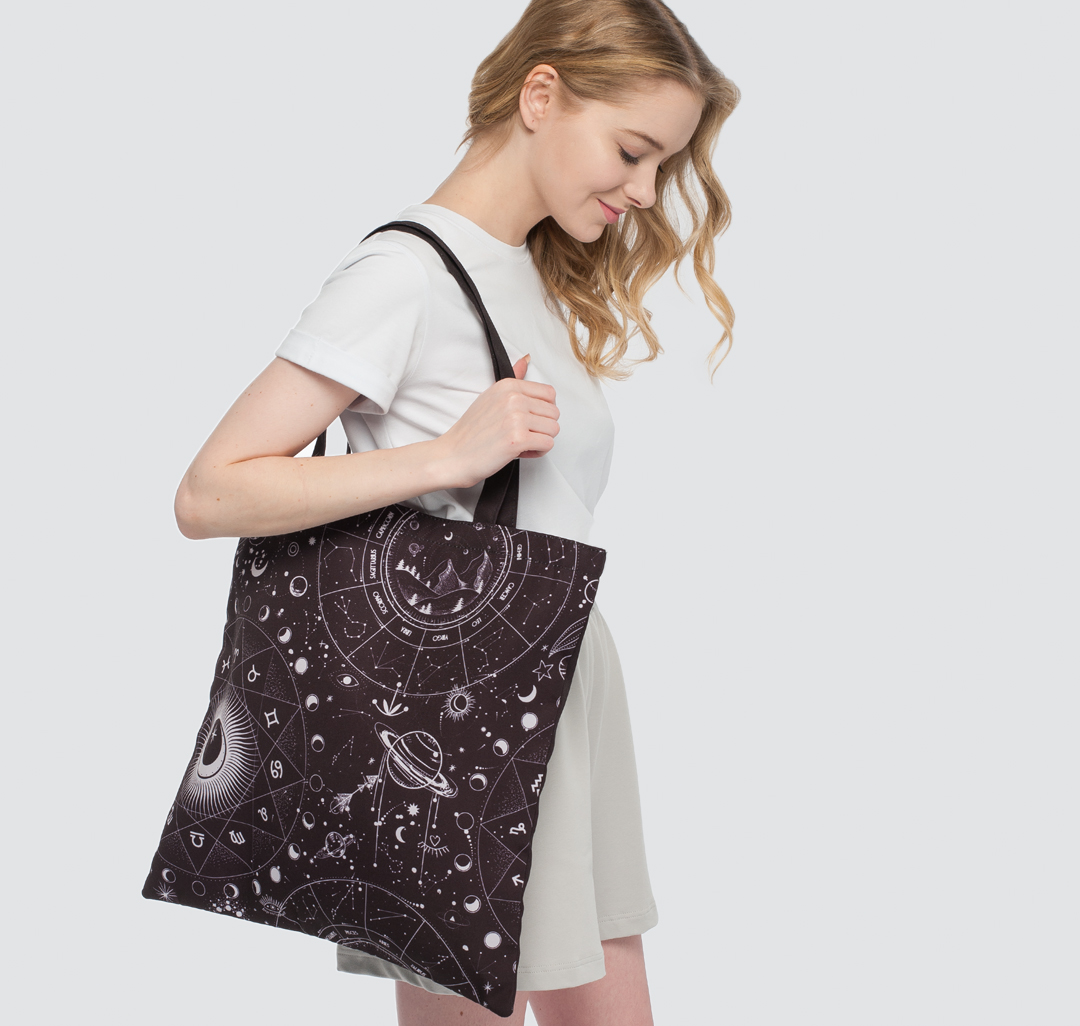 Черная сумка шоппер с принтом космос Мармалато, цвет черный-белый #2