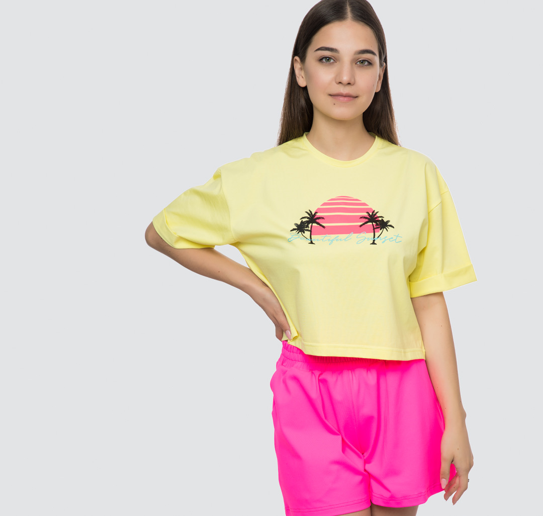 Женская укороченная футболка с принтом Мармалато, цвет Желтый-мультиколор #1