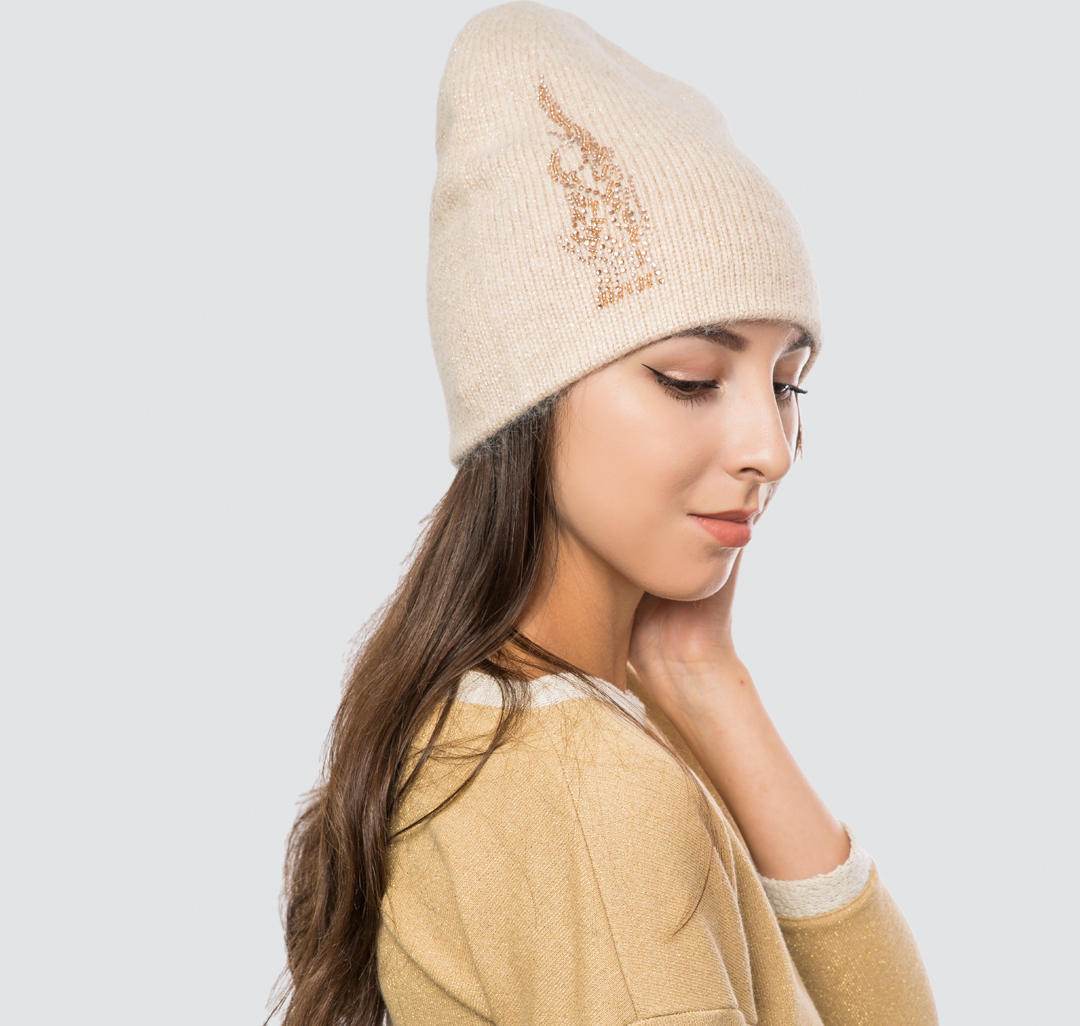 Женская шапка бини со стразами Мармалато, цвет Бежевый-золото #2