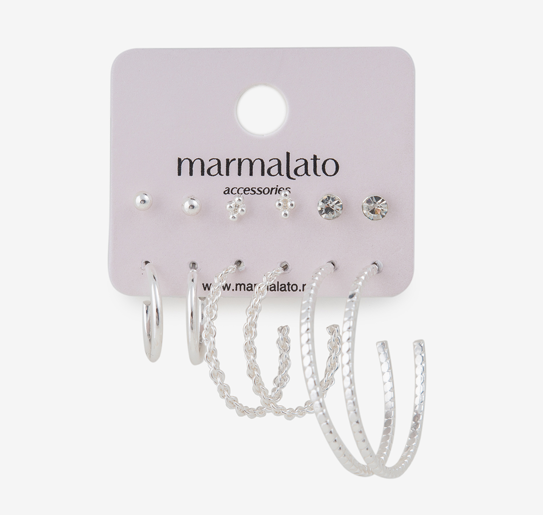 Набор серег (6 пар) Мармалато, цвет Серебро-прозрачный #1