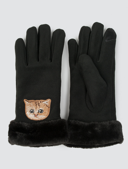 Женские перчатки с принтом котика черные